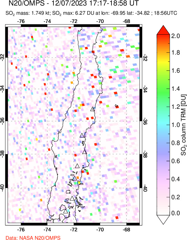 A sulfur dioxide image over Central Chile on Dec 07, 2023.