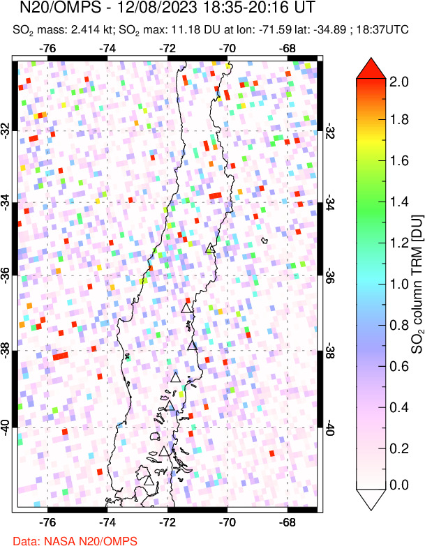 A sulfur dioxide image over Central Chile on Dec 08, 2023.