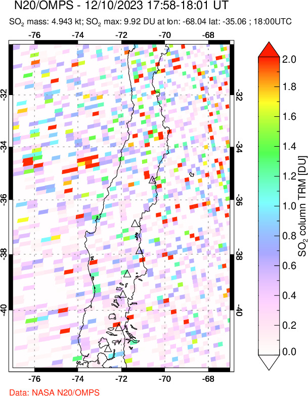 A sulfur dioxide image over Central Chile on Dec 10, 2023.