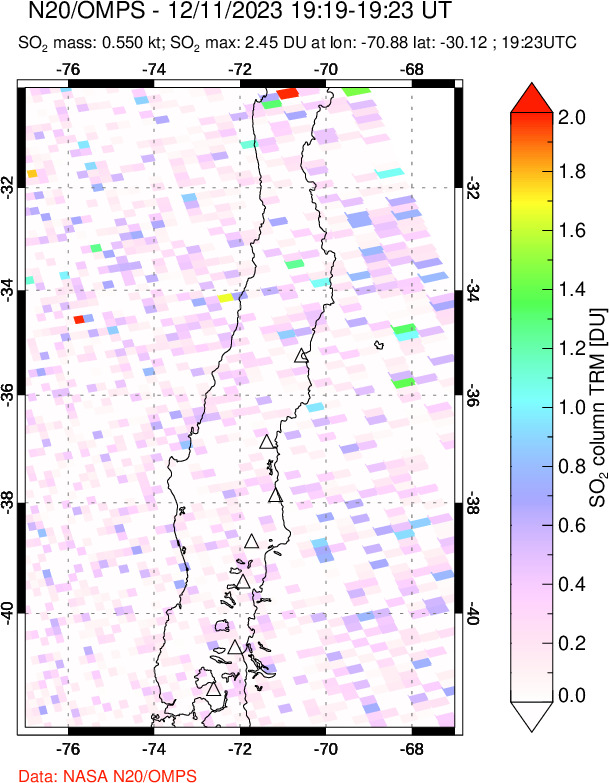 A sulfur dioxide image over Central Chile on Dec 11, 2023.