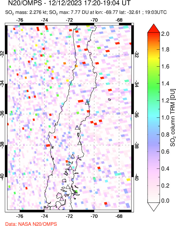 A sulfur dioxide image over Central Chile on Dec 12, 2023.