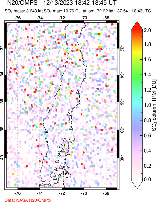 A sulfur dioxide image over Central Chile on Dec 13, 2023.