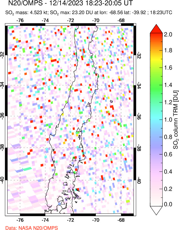 A sulfur dioxide image over Central Chile on Dec 14, 2023.