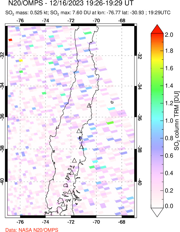 A sulfur dioxide image over Central Chile on Dec 16, 2023.