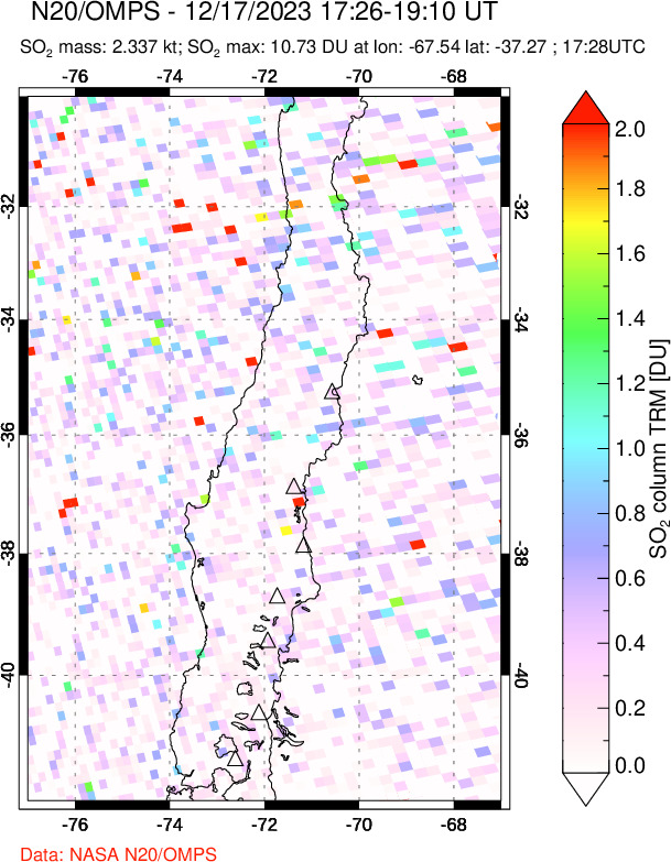 A sulfur dioxide image over Central Chile on Dec 17, 2023.