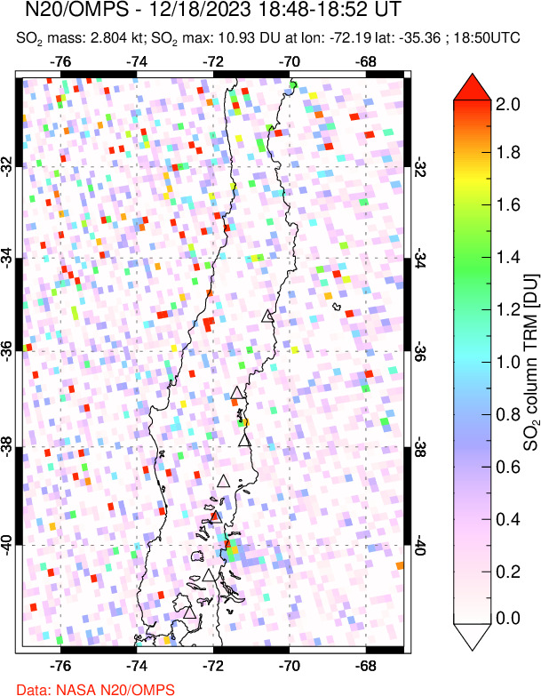 A sulfur dioxide image over Central Chile on Dec 18, 2023.