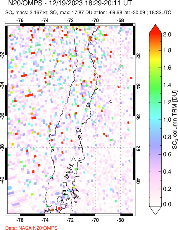 A sulfur dioxide image over Central Chile on Dec 19, 2023.