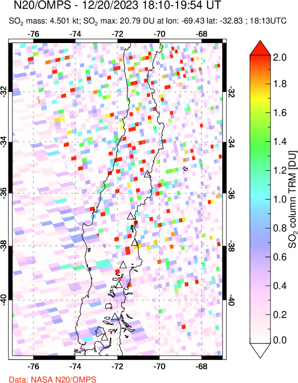 A sulfur dioxide image over Central Chile on Dec 20, 2023.