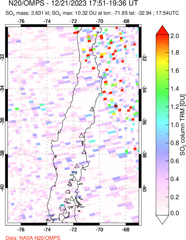 A sulfur dioxide image over Central Chile on Dec 21, 2023.