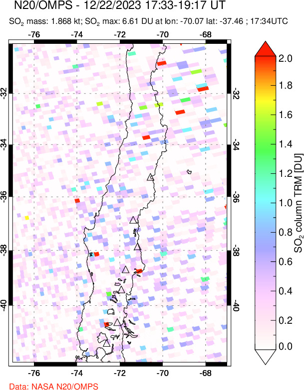 A sulfur dioxide image over Central Chile on Dec 22, 2023.