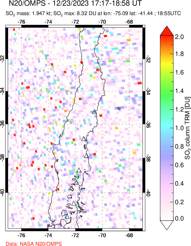 A sulfur dioxide image over Central Chile on Dec 23, 2023.