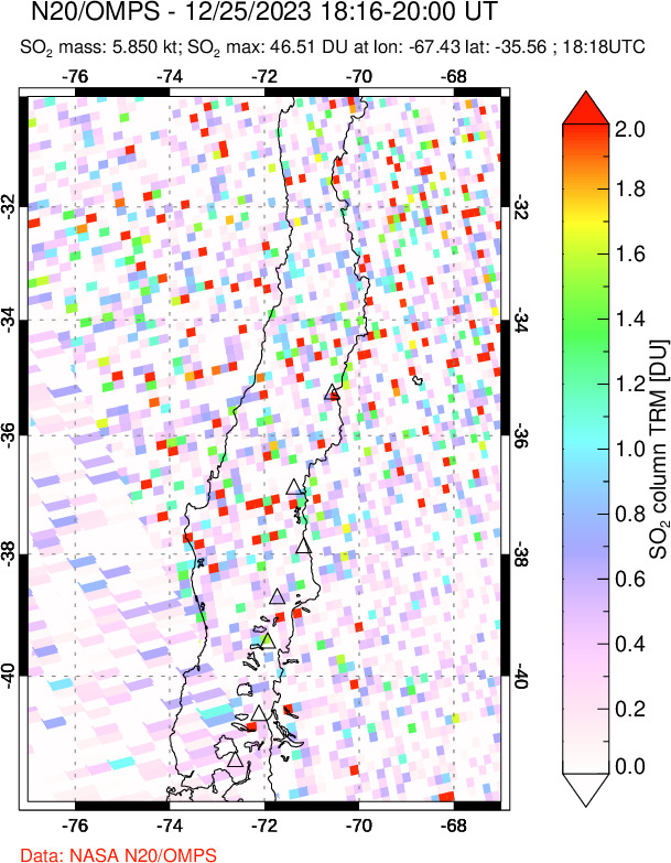 A sulfur dioxide image over Central Chile on Dec 25, 2023.