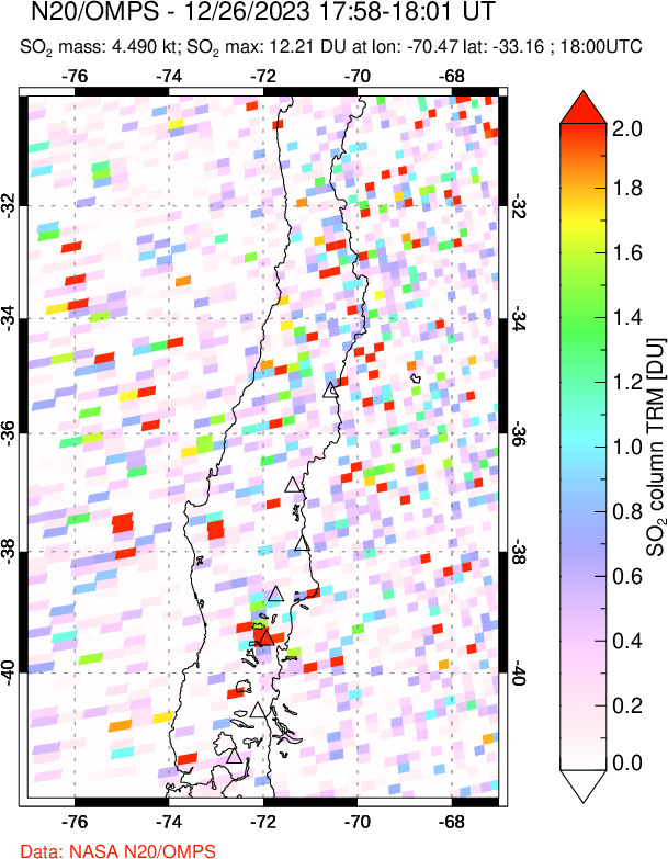 A sulfur dioxide image over Central Chile on Dec 26, 2023.