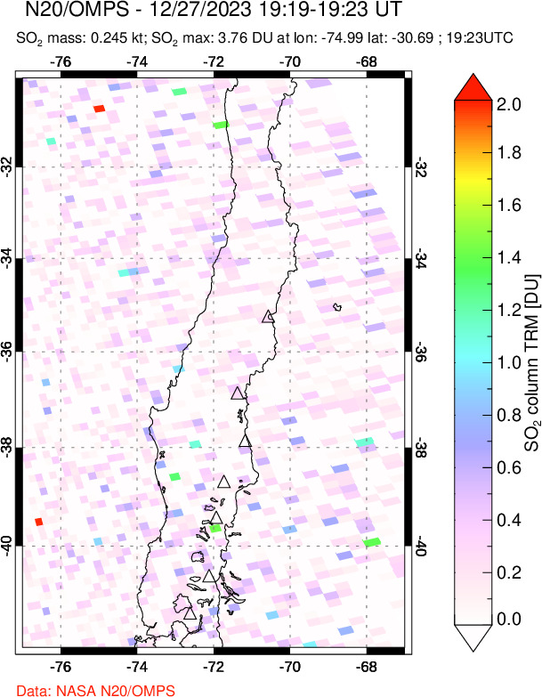 A sulfur dioxide image over Central Chile on Dec 27, 2023.