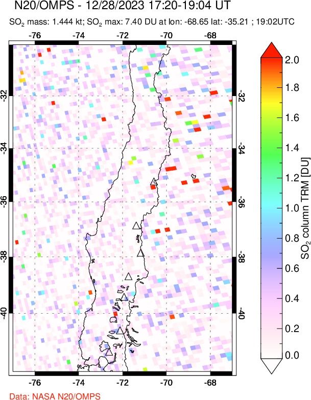 A sulfur dioxide image over Central Chile on Dec 28, 2023.