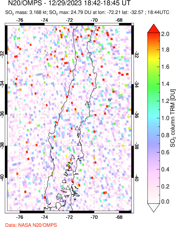 A sulfur dioxide image over Central Chile on Dec 29, 2023.