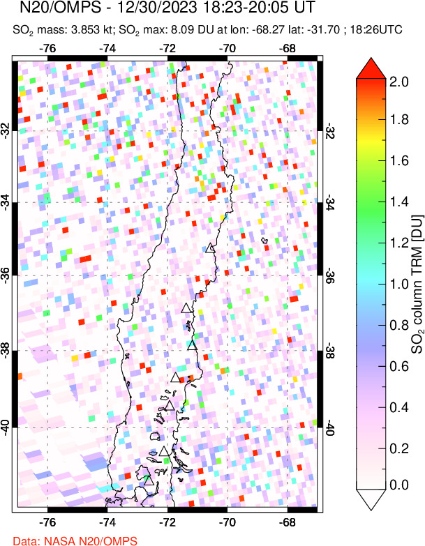 A sulfur dioxide image over Central Chile on Dec 30, 2023.