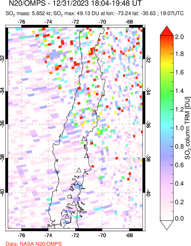 A sulfur dioxide image over Central Chile on Dec 31, 2023.