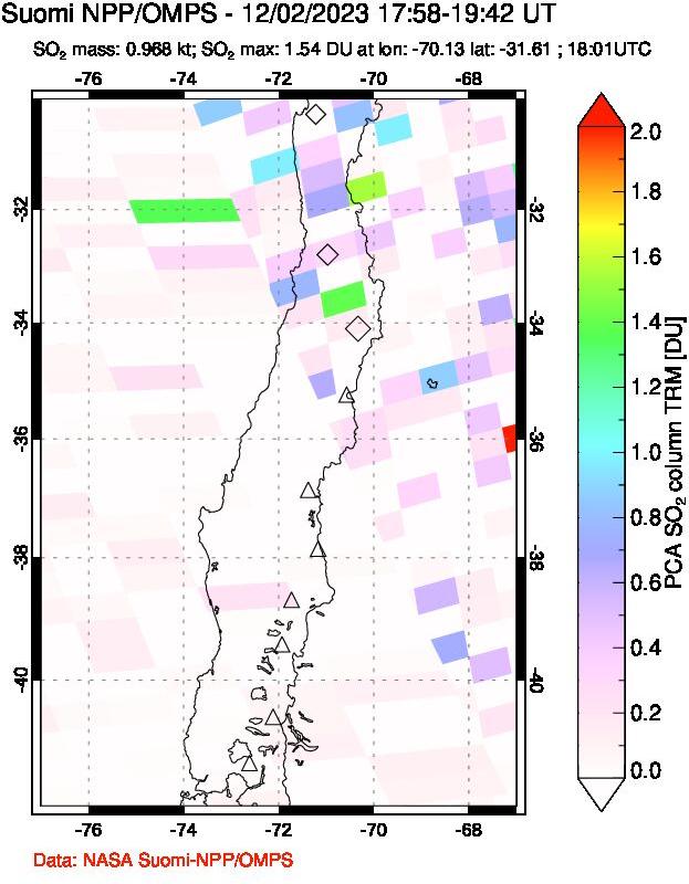 A sulfur dioxide image over Central Chile on Dec 02, 2023.