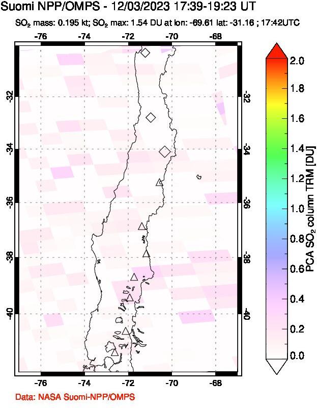 A sulfur dioxide image over Central Chile on Dec 03, 2023.