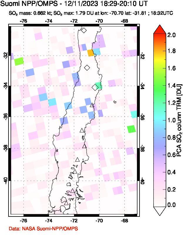 A sulfur dioxide image over Central Chile on Dec 11, 2023.