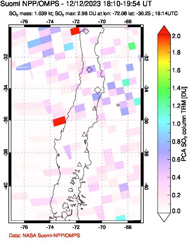 A sulfur dioxide image over Central Chile on Dec 12, 2023.