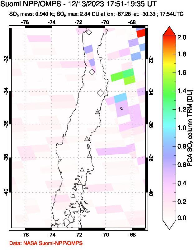 A sulfur dioxide image over Central Chile on Dec 13, 2023.