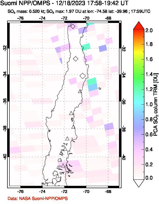 A sulfur dioxide image over Central Chile on Dec 18, 2023.