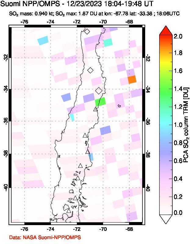 A sulfur dioxide image over Central Chile on Dec 23, 2023.