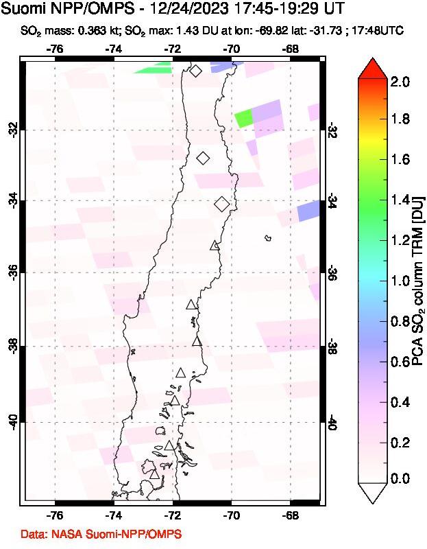 A sulfur dioxide image over Central Chile on Dec 24, 2023.