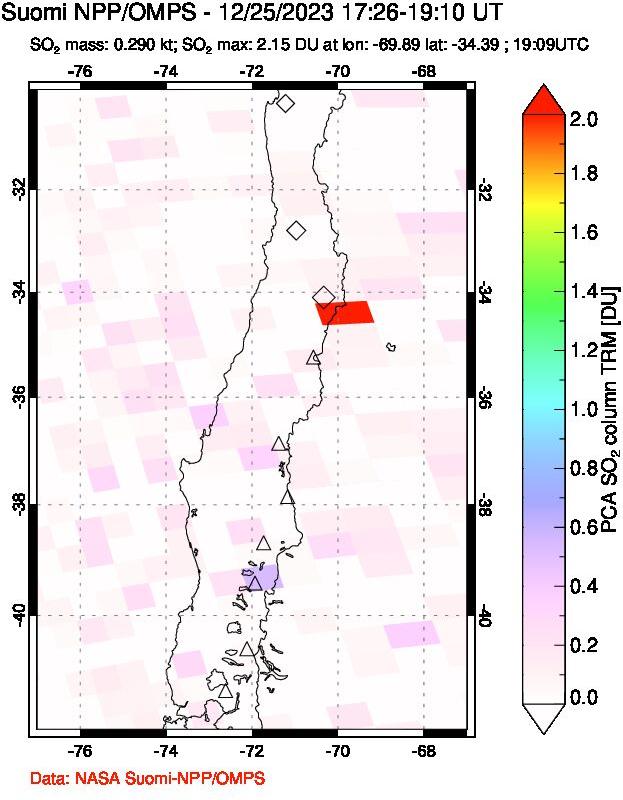 A sulfur dioxide image over Central Chile on Dec 25, 2023.