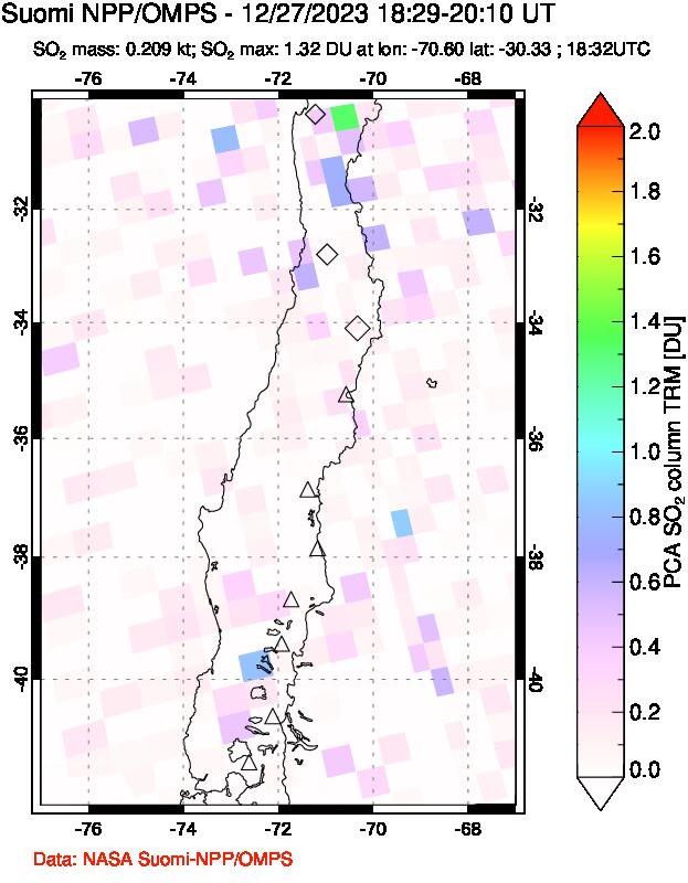 A sulfur dioxide image over Central Chile on Dec 27, 2023.