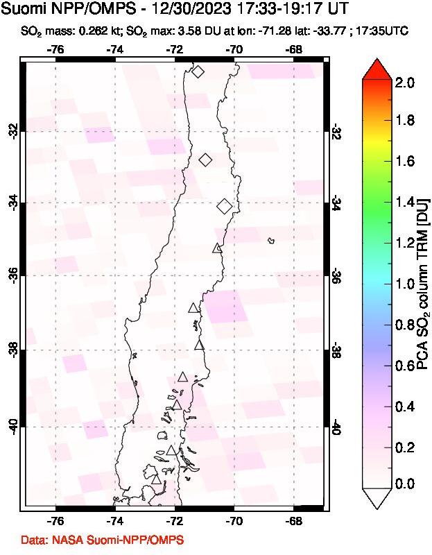 A sulfur dioxide image over Central Chile on Dec 30, 2023.