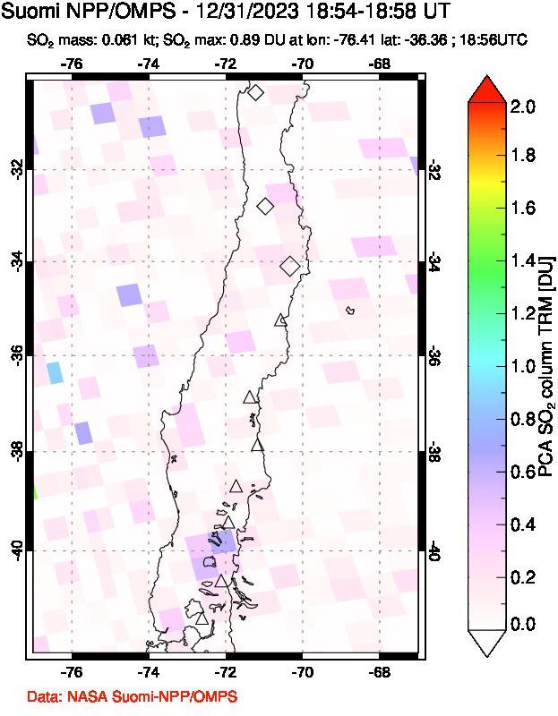 A sulfur dioxide image over Central Chile on Dec 31, 2023.