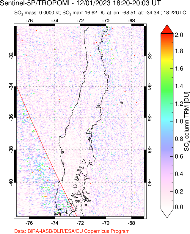 A sulfur dioxide image over Central Chile on Dec 01, 2023.