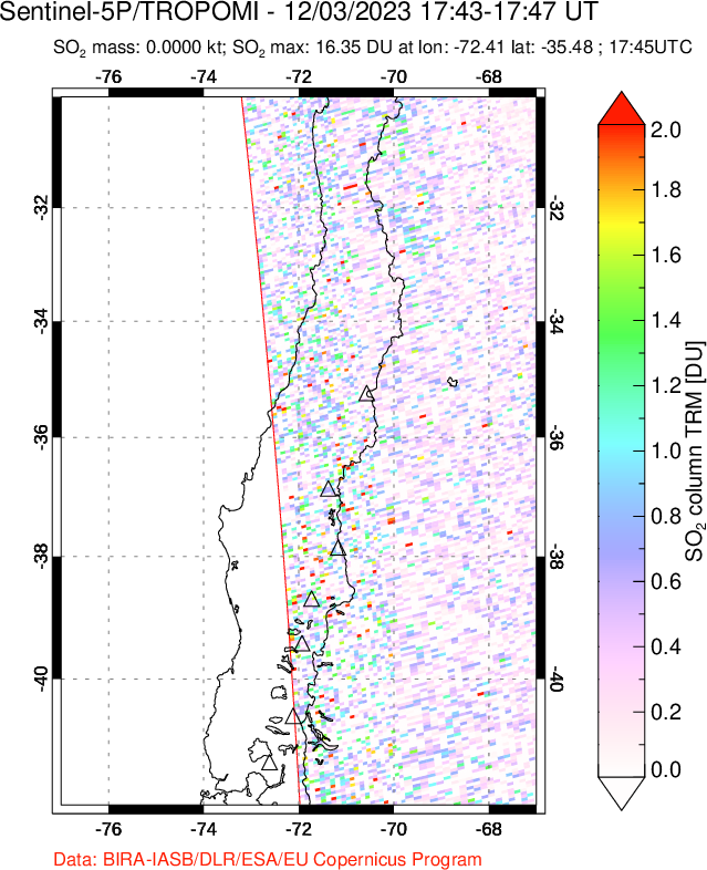 A sulfur dioxide image over Central Chile on Dec 03, 2023.