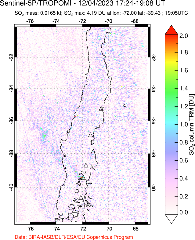 A sulfur dioxide image over Central Chile on Dec 04, 2023.