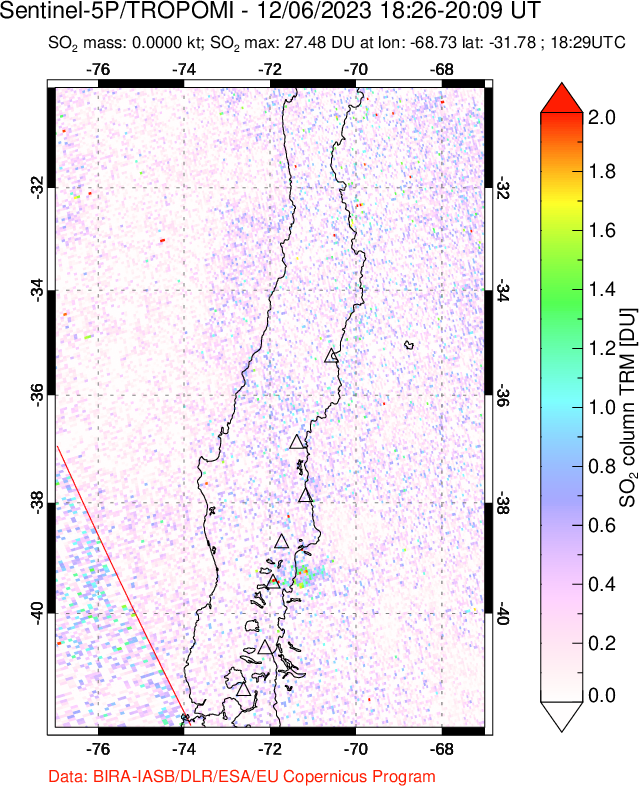 A sulfur dioxide image over Central Chile on Dec 06, 2023.