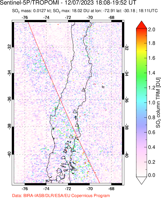 A sulfur dioxide image over Central Chile on Dec 07, 2023.