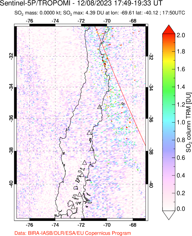 A sulfur dioxide image over Central Chile on Dec 08, 2023.