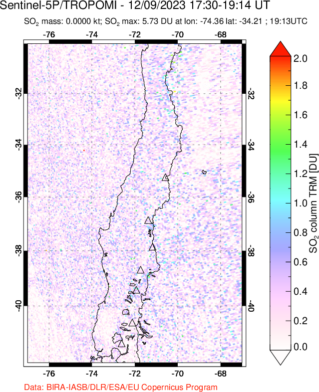 A sulfur dioxide image over Central Chile on Dec 09, 2023.