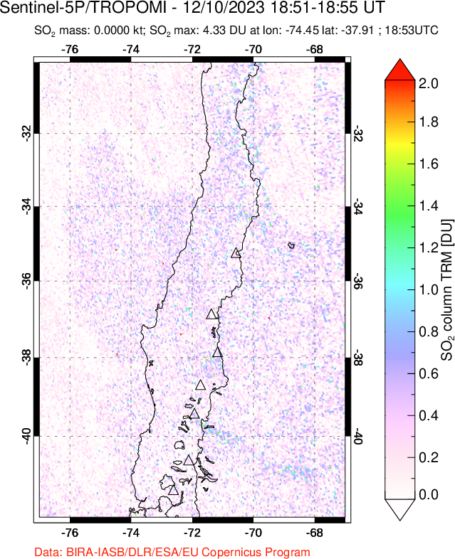 A sulfur dioxide image over Central Chile on Dec 10, 2023.