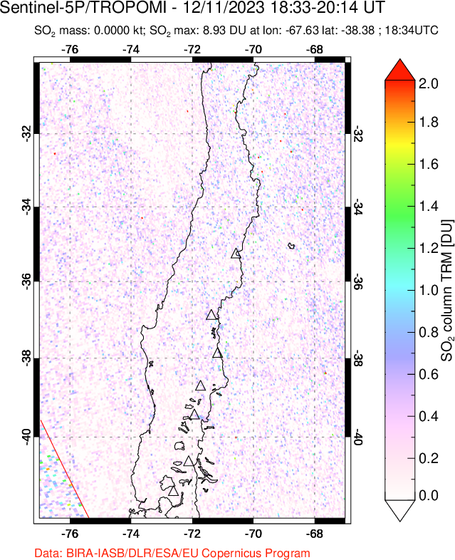 A sulfur dioxide image over Central Chile on Dec 11, 2023.