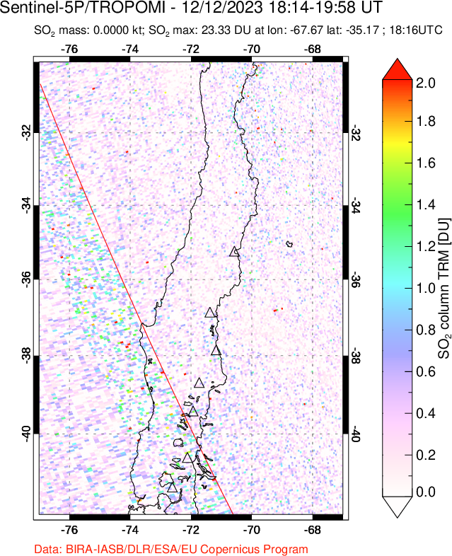 A sulfur dioxide image over Central Chile on Dec 12, 2023.