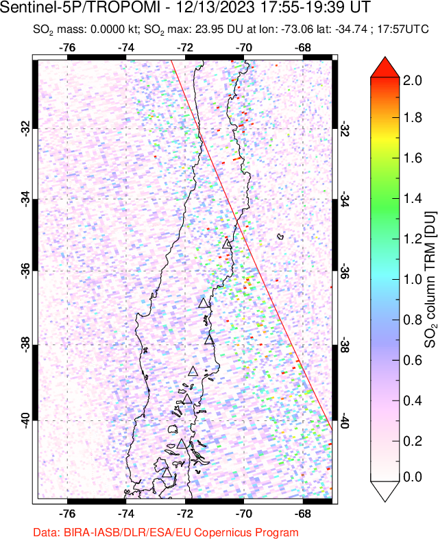 A sulfur dioxide image over Central Chile on Dec 13, 2023.