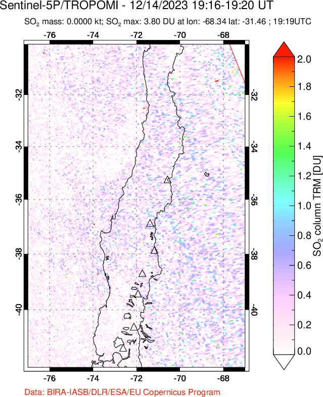 A sulfur dioxide image over Central Chile on Dec 14, 2023.