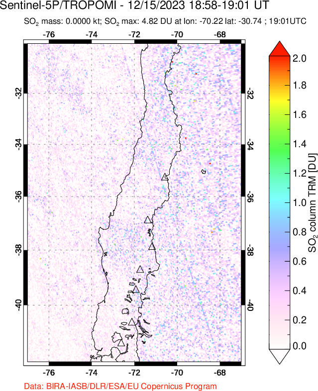 A sulfur dioxide image over Central Chile on Dec 15, 2023.