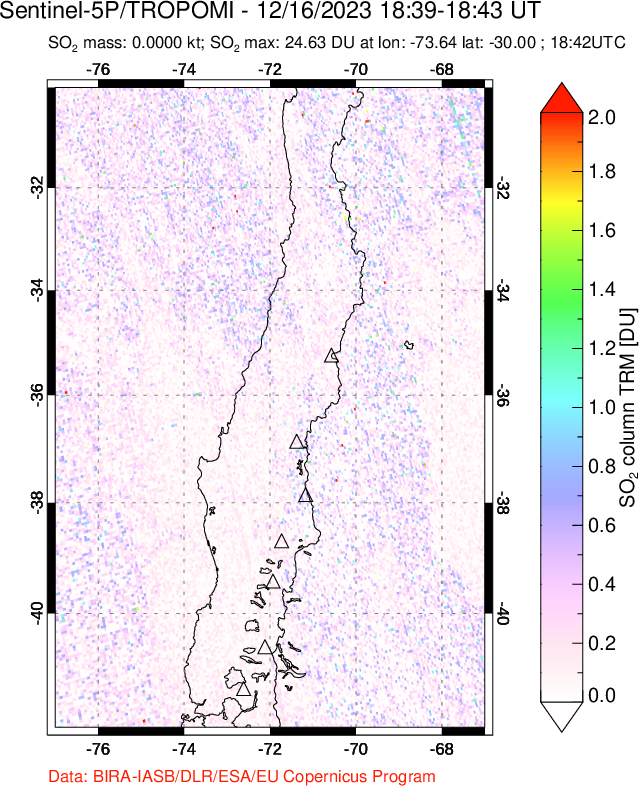 A sulfur dioxide image over Central Chile on Dec 16, 2023.