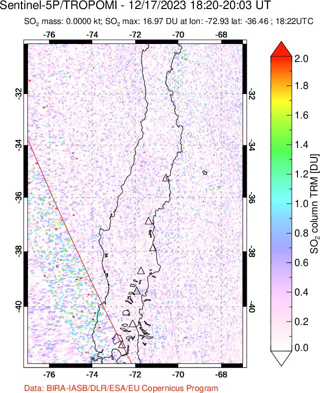 A sulfur dioxide image over Central Chile on Dec 17, 2023.