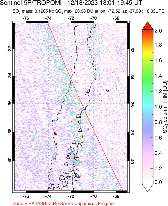 A sulfur dioxide image over Central Chile on Dec 18, 2023.